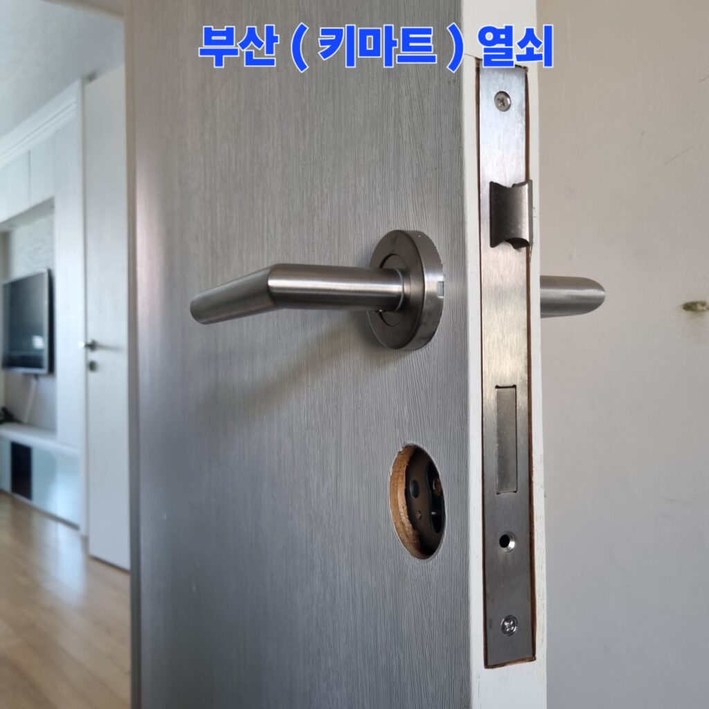 문 프레임에 새 모티스 바디와 레버 손잡이를 유격 없이 단단히 조립하는 과정입니다.